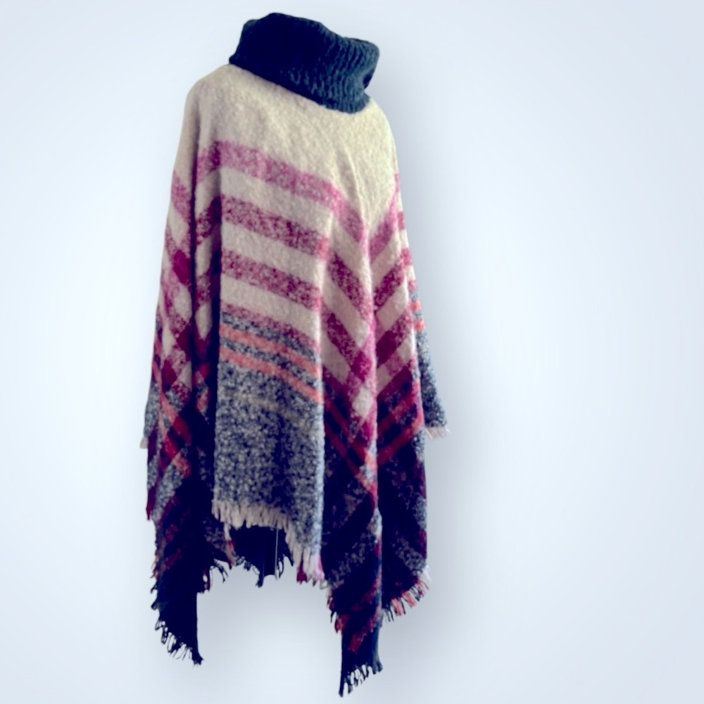 Boucle Knit Navy Pink Cream Plaid Fringe Turtle Neck Sweater Poncho